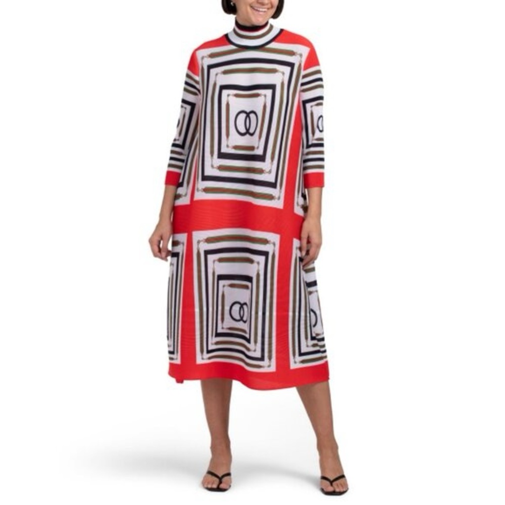 Geometric Red and Black High Neck Dress